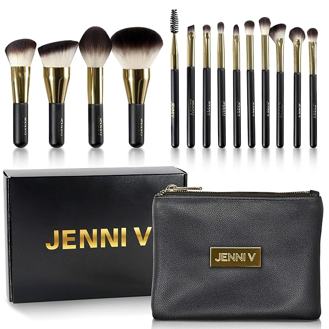 JENNI V Premium Travel Makeup Brushes Set - 14 Pc Mini Makeup Brushes with Handmade Leather Case - Portable Travel Makeup Brush Set with Holder - Travel Size Makeup Products for Blush Foundation