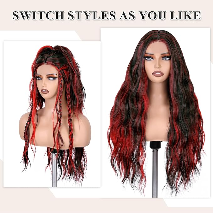 FAVE Red and Black Wig Long Synthetic Red Wig Natural Wavy Wig for Black Women Dark Red Wig for Daily Part Use 28IN(Red Highlight)