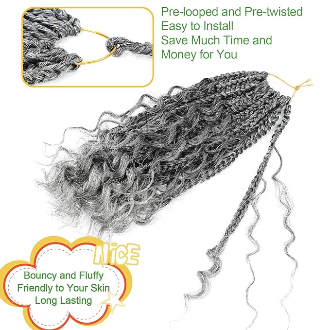 Fulcrum Goddess Box Braids Crochet Hair 10 Inch9 Packs Boho Box Braid Crochet Hair for Women Pre-looped Bohemian 3X Crochet Braiding Hair with Curly Ends(10Inch Tgray#)