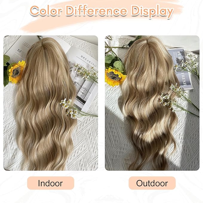 UDU 20 Wavy Ombre Highlight Synthetic Hair Topper for Women with Thinning Hair with Fringe Bang Adds Volume Change Hairstyle