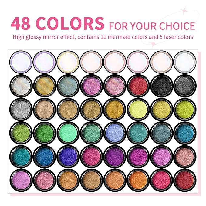 SAVILAND Chrome Nail Powder Set: 48 Colors Metallic Mirror Effect Chrome Nail Powder for Gel Polish Aurora Holographic Silver Gold Nail Chrome Powder for Gel Nails Art Decoration &amp French Manicure