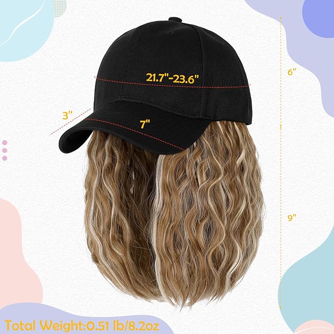 Baseball Hat WigHat with Hair attached 16'' Adjustable Black Cap with Wavy Curly Synthetic Bob Hair Extensions for Women Girls(Ginger Blonde Mix Bleach Blonde)
