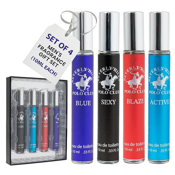 Beverly Hills Polo Club EDT Pen Spray Collection - Set of 4 Men's Fragrance Gift Set - draft Sexy Blaze and Blue Scent - Long-Lasting Travel-Friendly Cologne for Men (10ml Each)