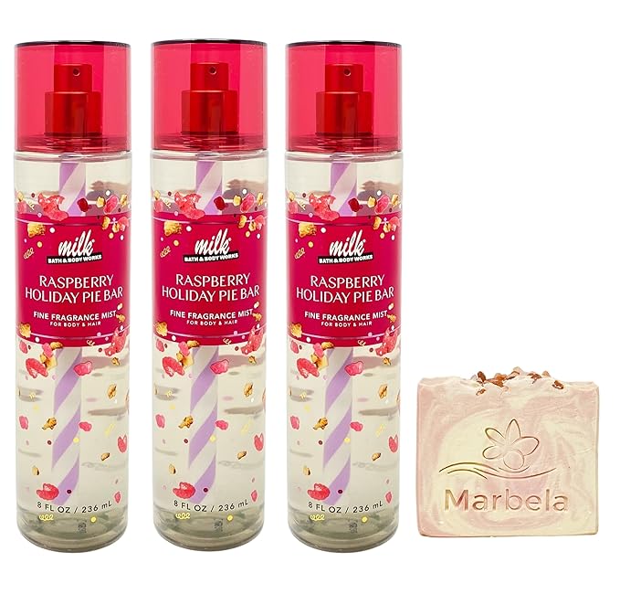 Bath &amp Body Works Raspberry Holiday Pie Bar 3 Pack Fragrance Mist Bundle with a Himalayan Salts Springs Bar Soap