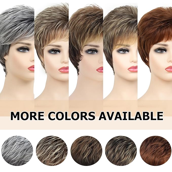 Short Pixie Wigs for White Women Natural Layered Short Brown Wigs with Blonde Highlights Synthetic Short Hair Womens Wig