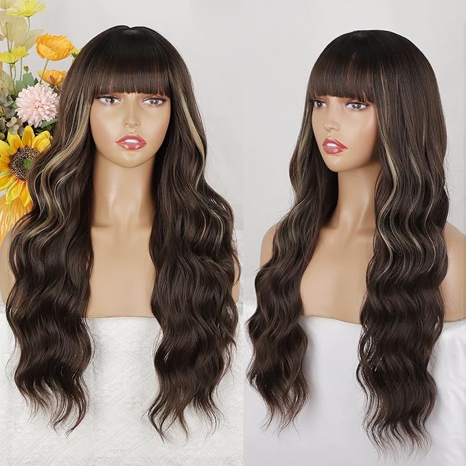 Lativ Brown Wig With Bangs Long Wavy Brown Hightlight Wigs Natural Curly Synthetic Wig for Women Daily Party Use 26 Inches