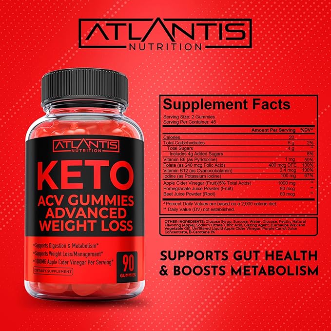 Atlantis Nutrition Keto ACV Gummies for Weight Loss - Supports Digestion Weight Loss Detox &amp Cleansing - Apple Cider Vinegar Gummies Formulated with 1000MG ACV Per Serving - 90 Count