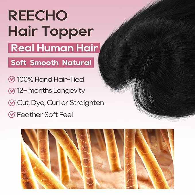 REECHO Hair Toppers for Women Real Human Hair Seamless Human Hair Toppers with Bangs 360° 3D Cover Clip in Bangs Hair Extensions for Daily Wear Natural Black