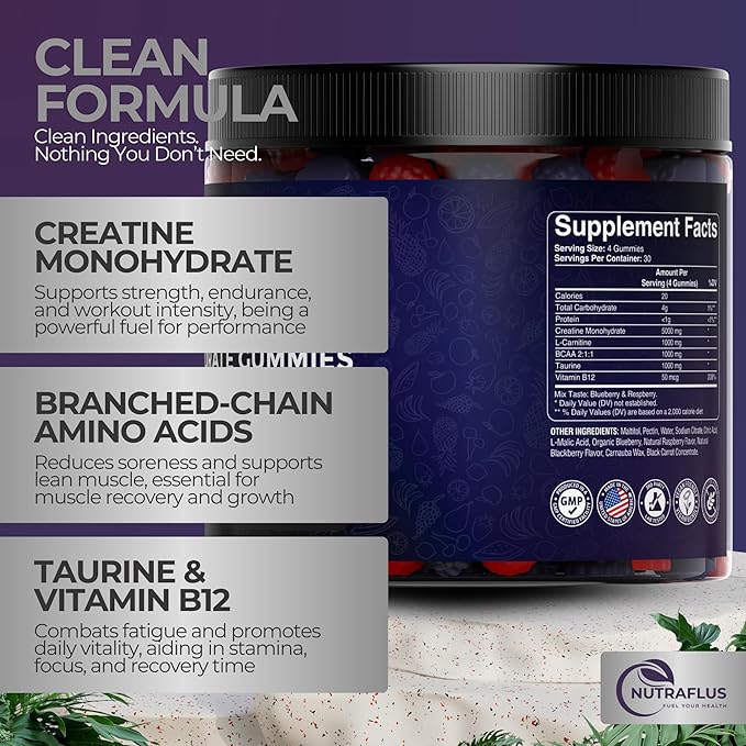 Creatine Monohydrate Gummies ? Berry Flavored Creatine Supplements for Women and Men ? 120Pcs Pre Workout Gummies with BCAA Taurine Vitamin B12 - Promote Energy Boost Performance