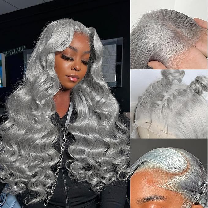 20 Inch Grey Body Wave Lace Front Wigs Human Hair 180 Density HD Transparent 13x4 Lace Frontal Wig Pre Plucked With Baby Hair Gray Lace Closure Glueless Wigs For Women