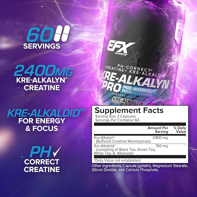 EFX Sports Kre-Alkalyn Pro | pH Correct Creatine Monohydrate Pill Supplement | Muscle Building Pre Workout for Men &amp Women | 60 Servings 120 Capsules