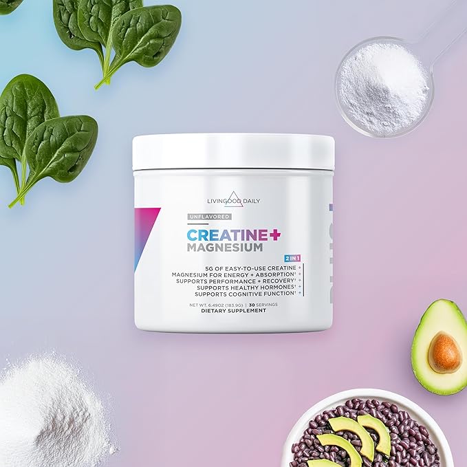 Livingood Daily Creatine + Magnesium Powder Unflavored | 5g Micronized Creatine Monohydrate with Magnesium for Energy Muscle Recovery &amp Performance | 30 Servings
