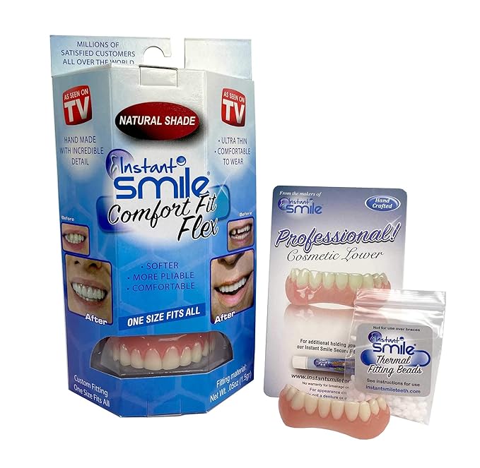 Instant Smile Comfort Fit Flex Teeth - Upper and Lower Matching Set Natural Shade! Fix Your Smile at Home Within Minutes!