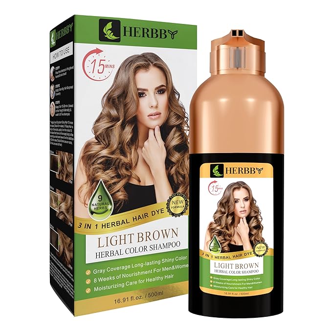 HERBBY Hair Color Shampoo for Gray Hair Coverage&ampColor Transform with 9 Herbal Extracts ?Long Lasting(6-8 Weeks)ShinyEvenly ColoredInstant Hair Dye Shampoo&ampConditioner 500 Ml (LIGHT BROWN