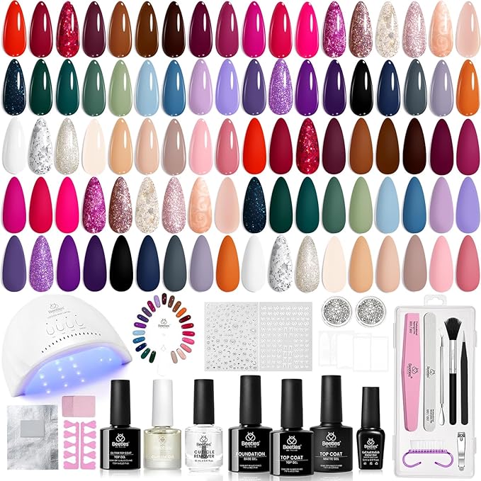 Beetles Gel Nail Polish Kit with U V Light 75PCS Gel Nail Kit with Base Top Coat 45 Colors Winter Christmas Gel Polish Set Burgundy Red Exquisite Femininity Manicure Home DIY Gifts for Women Teens