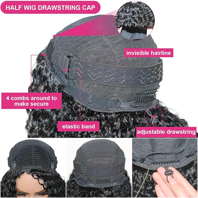 Kinky Curly Half Wig Human Hair for Black Women 16 Inch | 200% Density 3 in 1 Drawstring Seamless Flip Over | Glueless Wear and Go Wig with Invisible Hairline