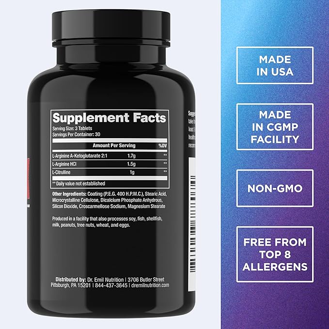 Dr. Emil - Elite L Arginine (3150mg) + L-Citrulline Highest Dose - Nitric Oxide Supplement for Vascularity Endurance and Heart Health (AAKG and HCL) - 90 Tablets