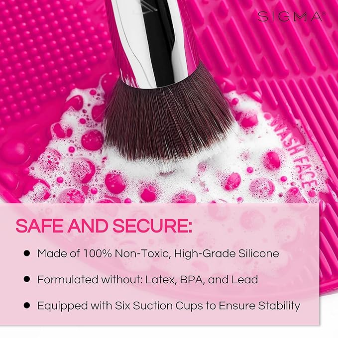 Sigma Beauty Makeup Brush Cleaner Mat ? Sigma Spa Express Silicone Makeup Brush Cleaning Mat with Suction Cups for Cleaning Makeup Brushes Compact Design Fit for Any Travel Makeup Kit (Pink)