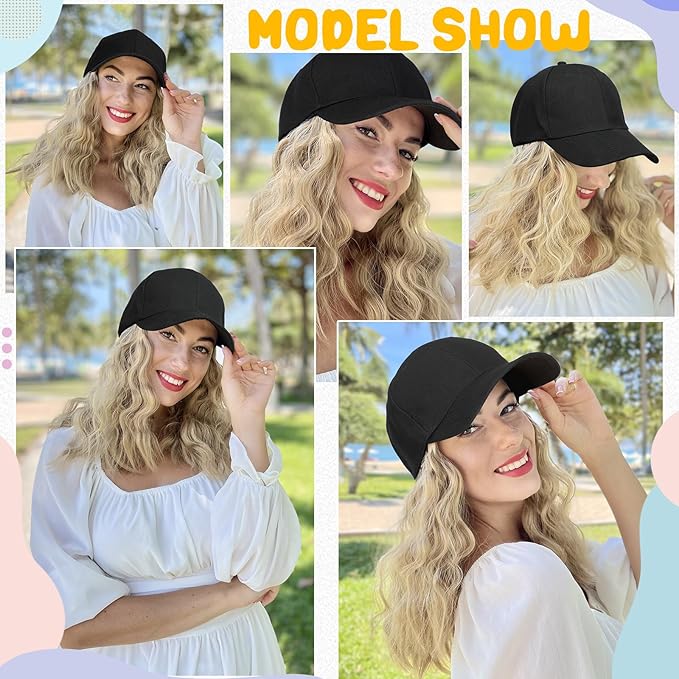 Baseball Hat WigHat with Hair attached 16'' Adjustable Black Cap with Wavy Curly Synthetic Bob Hair Extensions for Women Girls(Dark Brown)