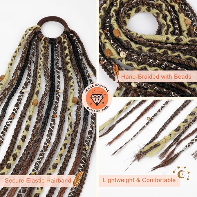 SEIKEA Boho Braided Ponytail Extension with Hair Tie 24 Long Viking Dreadlock Beads Ponytail Hand-braided Braids Hair Extensions Lightweight Natural Synthetic Hairpiece for Festival Cosplay