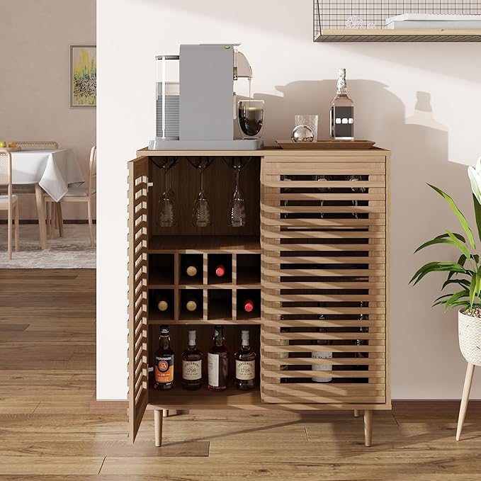 Mid Century Bar Cabinet with Wine Racks Modern Liquor Cabinet with Slatted Doors for Dining Room Living Room (Natural Color)