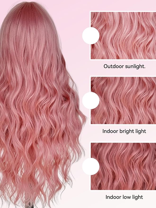 topshe Pink Wavy Wig with Bangs Heat Resistant Synthetic Hair for Women Pre Styled Butterfly Layers &amp Curls for Daily Parties Long Curly Wig 28 Inch (Cotton Candy Pink)