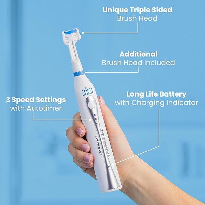 Triple Bristle Original Sonic Toothbrush | Rechargeable 31000 VPM Tooth Brush | Patented 3 Head Design | Angled Bristles Clean Each Tooth | Dentist Approved | Triple Bristle Original + Oral Care Kit