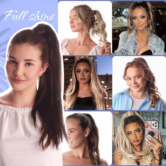 Full Shine Ponytail Extension Human Hair Dark Brown Ombre Honey Blonde Ponytail Clip in Hair Extensions Long Straight Pony Tail Hair Pieces For Women 20Inch 80g