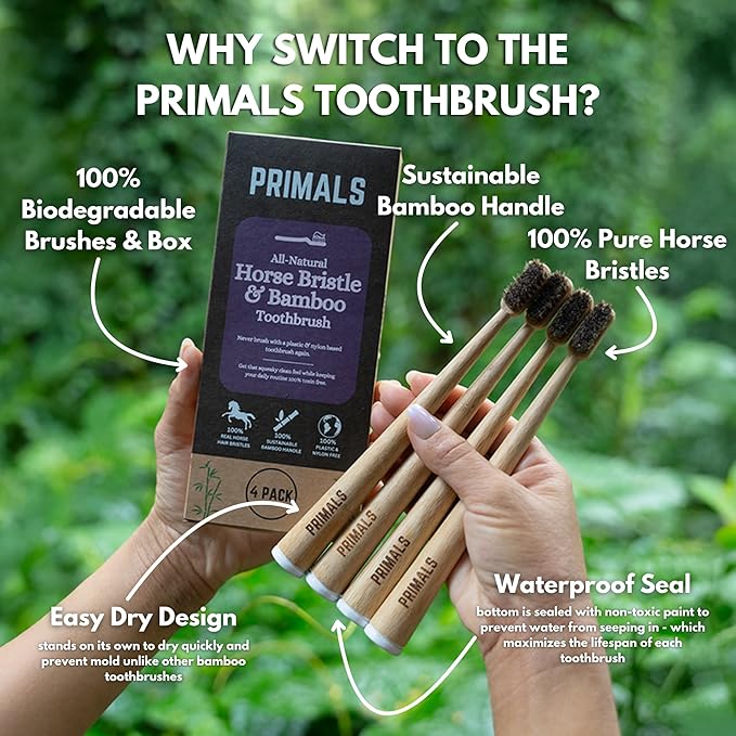 PRIMALS Horse Bristle &amp Bamboo Toothbrush (4-Pack) - Luxurious &amp Soft Horse Bristles - Fully Biodegradable - Plastic &amp Nylon Free - Quick Dry Design