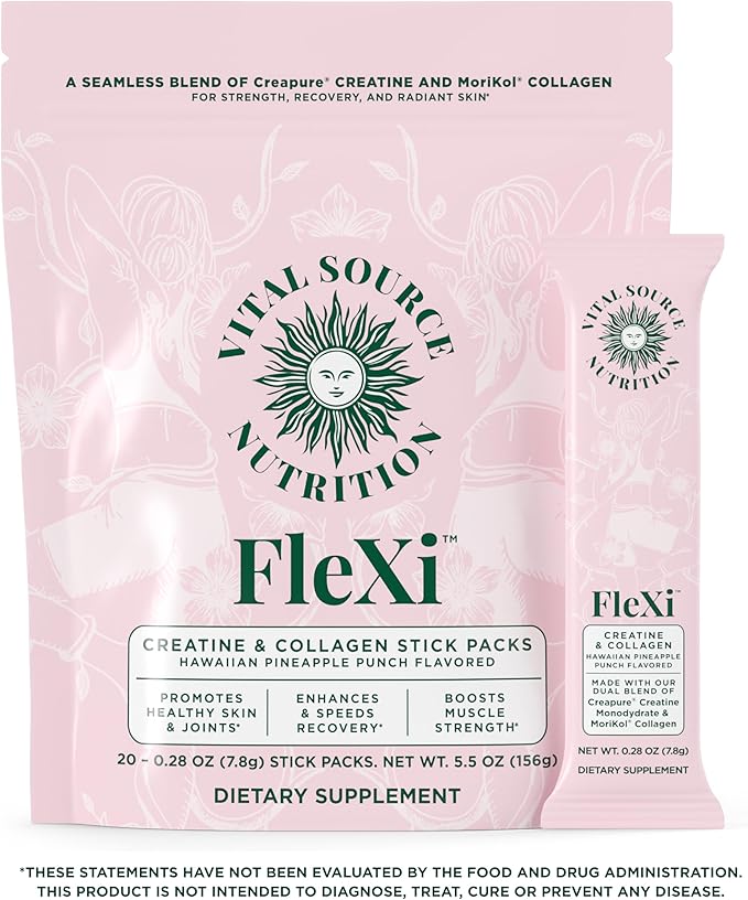 Vital Source Nutrition - FleXi - Creatine &amp Collagen Stick Packs - 5g Creapure Creatine Monohydrate + 1g MoriKol Collagen -Supports Strength Recovery &amp Skin Health -20 Servings