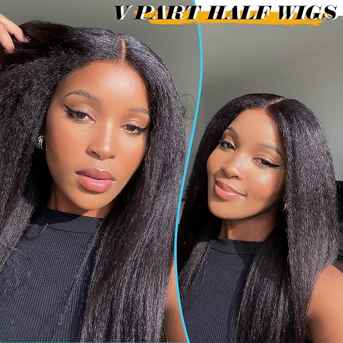 KRSI Kinky Straight V Part Wigs 20inch Synthetic Black U Part Wig Thin Leave Out Glueless V Part Half Wig Clip In Kinky Hair Wigs for Black Women