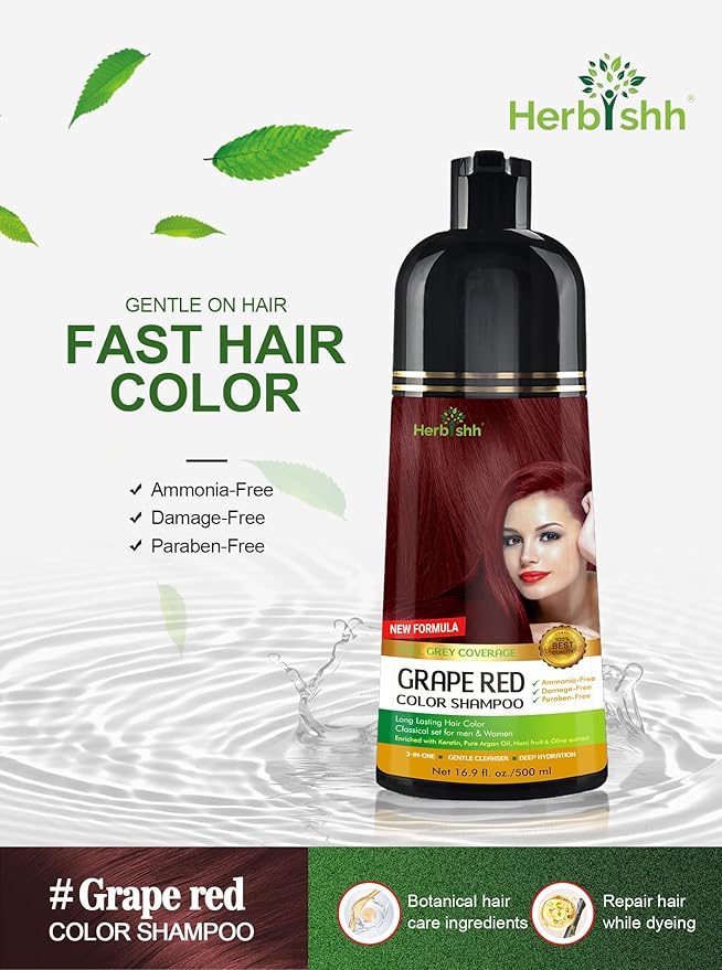 Herbishh Hair Color Shampoo (Grape Red) - Magic Hair Dye for Gray Hair - Ammonia-Free 3-in-1 Shampoo Conditioner - Lasts 2-3 Weeks 500 ml