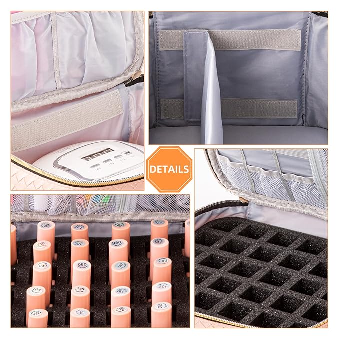 Portable Nail Polish Storage Bag with UV Light Case - Holds 30 Bottles and 1 UV LED Nail Lamp Double-Layers Nail Dryer Case for Gel Nail Polish Kit Nail Art Decorations (Woven Pink)