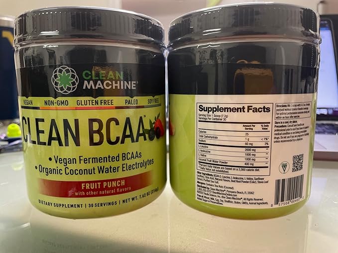 Clean BCAA - 2:1:1 Food Sourced BCAAs Powder &amp Coconut Water Electrolytes Recovery &amp Amino Energy Supplement - Award Winning Vegan Amino Acid Supplement - 30 Servings (30 Fruit Punch)