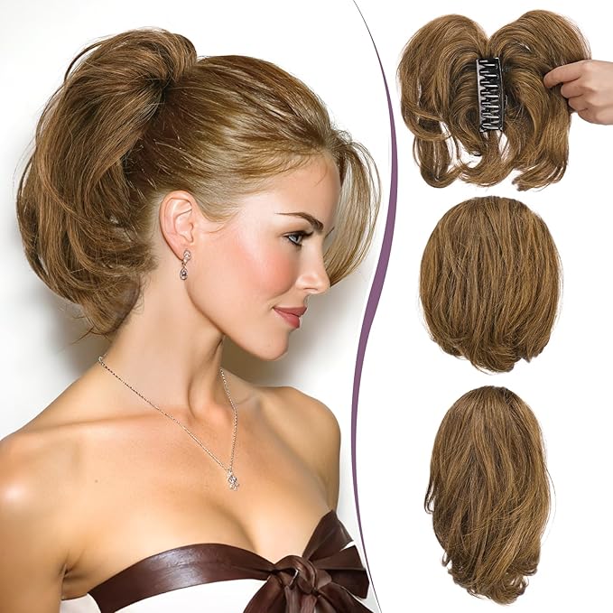 RUWISS Claw Clip Short Human Hair Ponytail Extension with Bendable Metals for DIY Styles Straight Messy Bun Hair Piece for Women Thick Hairpieces for Daily Wear 9 Inch Medium Brown
