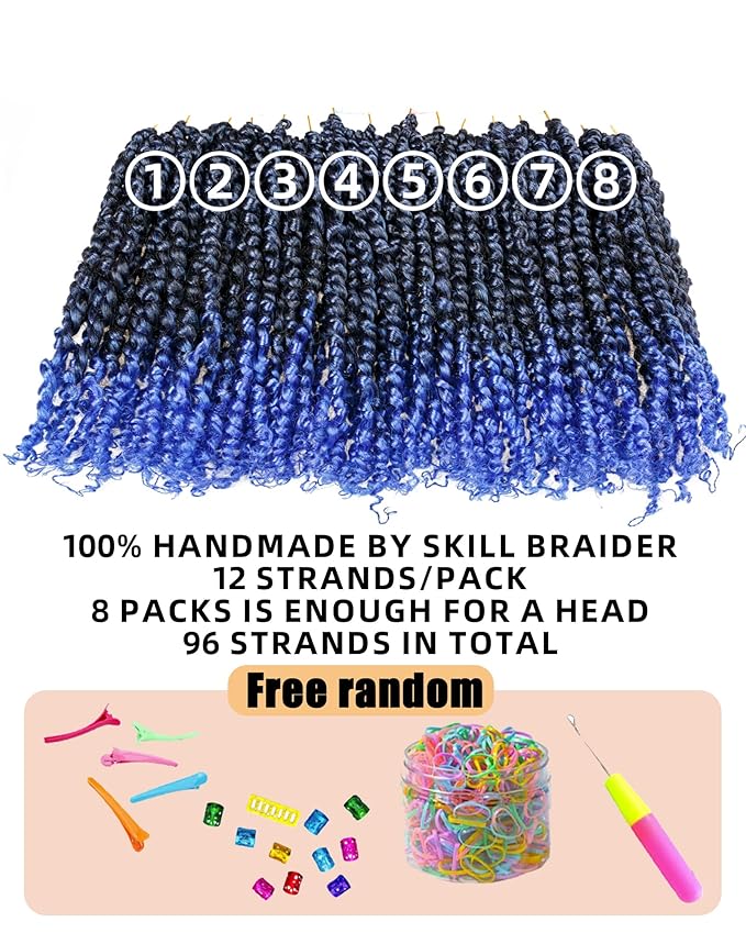 10 Inch 8 Packs Pre Looped Passion Twist Crochet Hair for Black Women and Kids-Ombre Blue Super Soft Bouncy Synthetic Braided Hair Extensions(10 Inch-8 PacksT1B/Blue)