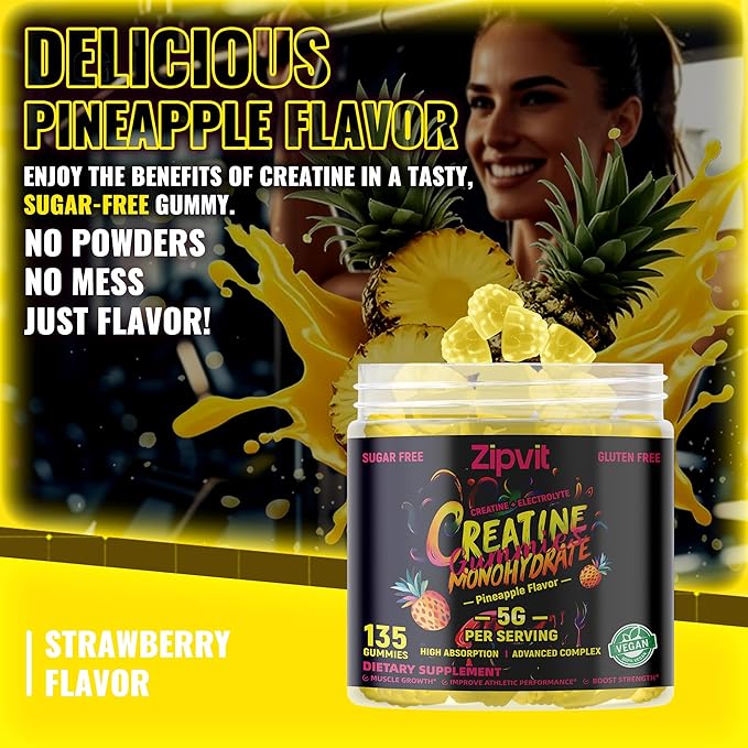 zipvit Creatine Monohydrate Gummies (5g) ? Pre-Workout Energy &amp Muscle Growth Support for Men &amp Women | Pineapple Electrolyte Gummies (135 Count)