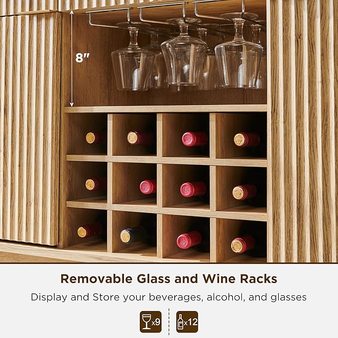 OKD 60 Fluted Buffet Cabinet with Storage - 3 Drawers and 2 Doors Mordern Wine &amp Coffee Bar Cabinet with Wine and Glass Racks Sideboard with Adjustable Shelves for Kitchen Dining RoomNatural