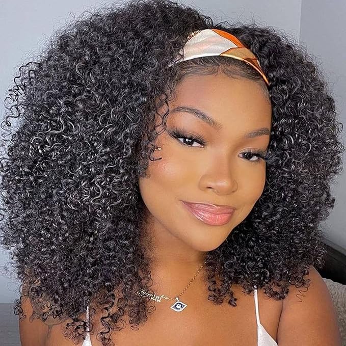 Headband Wig Human Hair 180% Density Kinkycurly Headband Wigs Glueless Curly Human Hair Wig for Women Natural Color 18 Inch