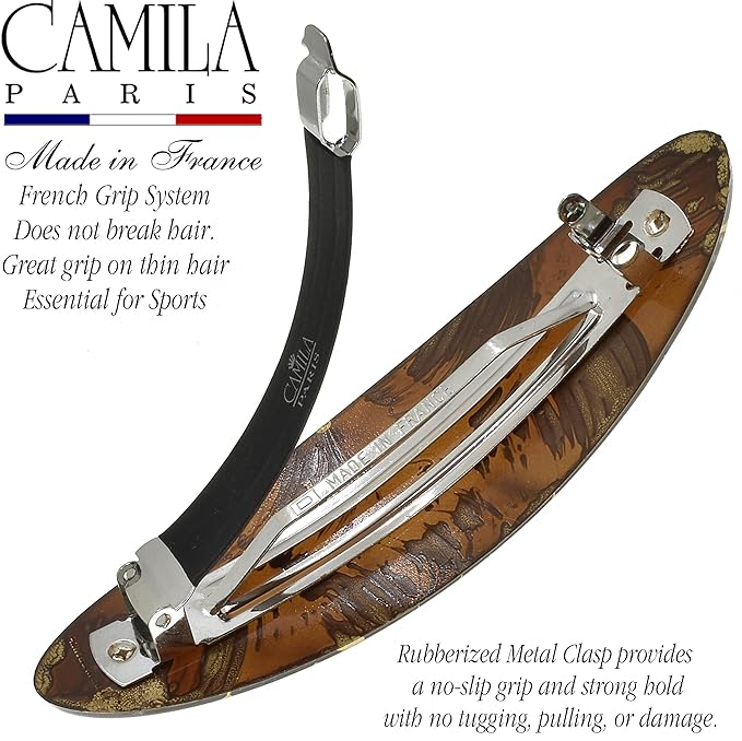 Camila Paris CP3872 French Hair Barrette Clip Oval Ligth Brown and Gold Strong Hold Grip Hair Clips for Women No Slip Rubberized Metal Closure Durable Styling Girls Hair Accessories Made in France