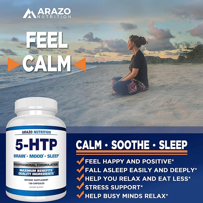5-HTP 200 MG Plus Calcium for Mood Sleep ? Supports Calm and Relaxed Mood ? 99% High Purity ? 120 Capsules ? Arazo Nutrition