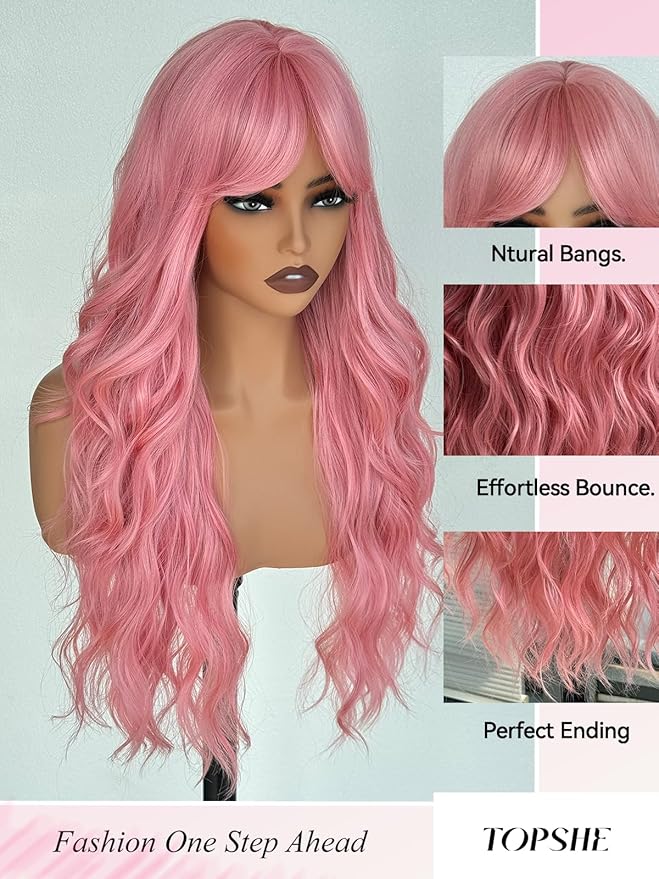 topshe Pink Wavy Wig with Bangs Heat Resistant Synthetic Hair for Women Pre Styled Butterfly Layers &amp Curls for Daily Parties Long Curly Wig 28 Inch (Cotton Candy Pink)