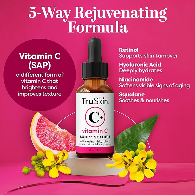 TruSkin Vitamin C Super Serum - Niacinamide Retinol Hyaluronic Acid &amp Squalane - All-in-One Anti Aging Serum for Face ? Improve Appearance of Dark Spots Firmness for Brighter Looking Skin 1 Fl