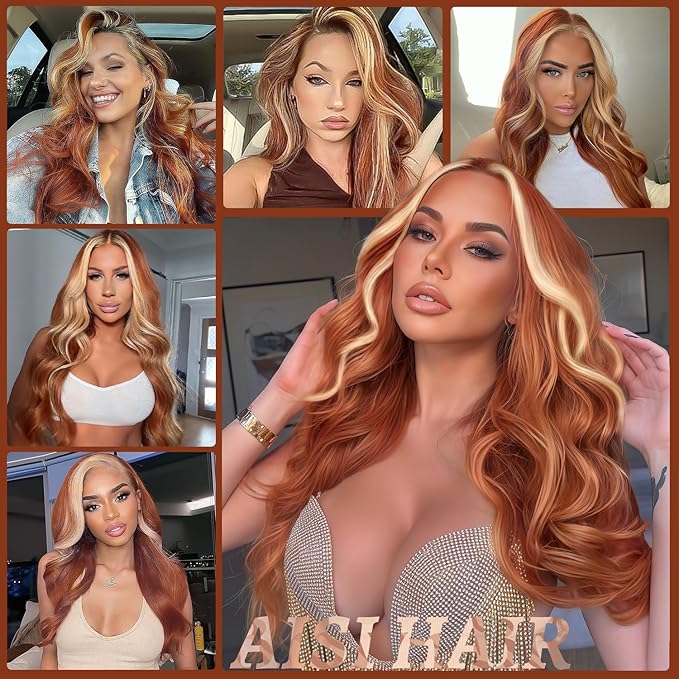 AISI HAIR Ginger Mixed Blonde Wig for Women Long Wavy Lace Hairline Middle Part Synthetic Wig for Daily Party-26 Inch