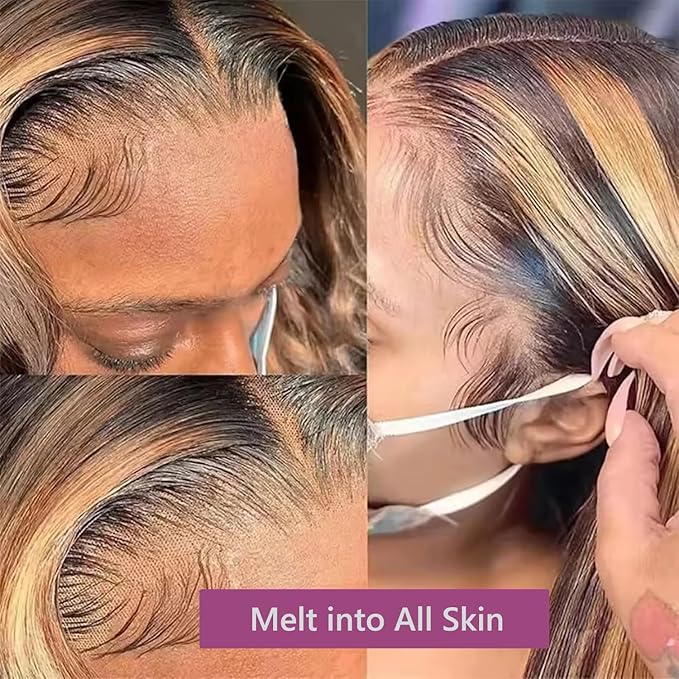 Ombre Brown Balayage Honey Blonde Highlight Wigs Human Hair Glueless Lace Front Wigs Human Hair Body Wave 13x6 Lace Front Wigs Pre Plucked Human Hair 20 Inch Brown Balayage Blonde Highlights Wig