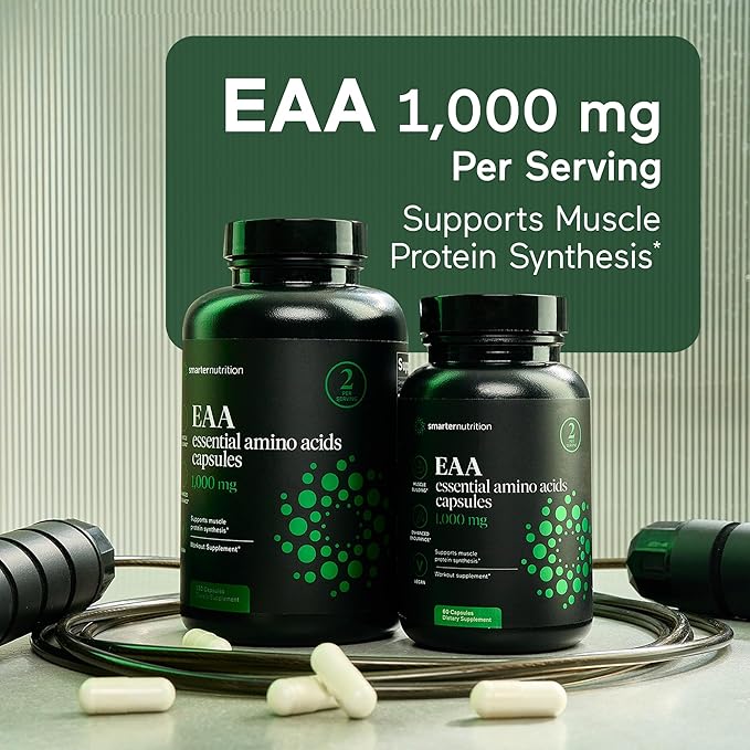 SMARTERNUTRITION Essential Amino Acids (EAA) Capsules - 1 Gram Per Serving of All 9 EAAs - Supports Muscle Mass &amp Exercise - Non-GMO Vegan Gluten Free - 180 Count[90-Day Supply]