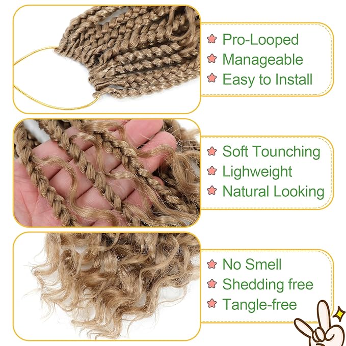 Fulcrum Goddess Box Braids Crochet Hair 12 Inch9 Packs Crochet Boho Box Braid for WomenPre-looped Bohemian 3X Braids Hair with Curly Ends(12Inch 27#)