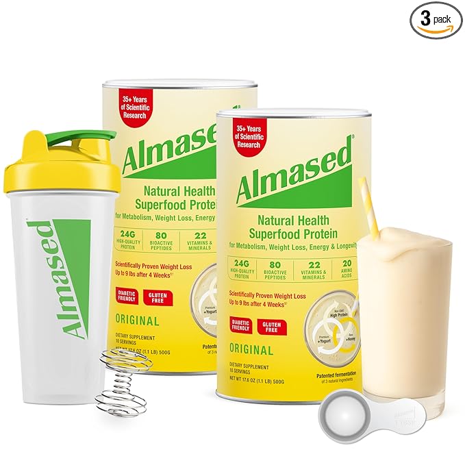 Almased Protein Powder for Weight Loss Kit for Men &amp Women Natural Meal Replacement Shake for Weight Loss Supplement 24 Grams of Protein Per Serving (Original Flavor 2 Cans @ 17.6 oz ea + Shak
