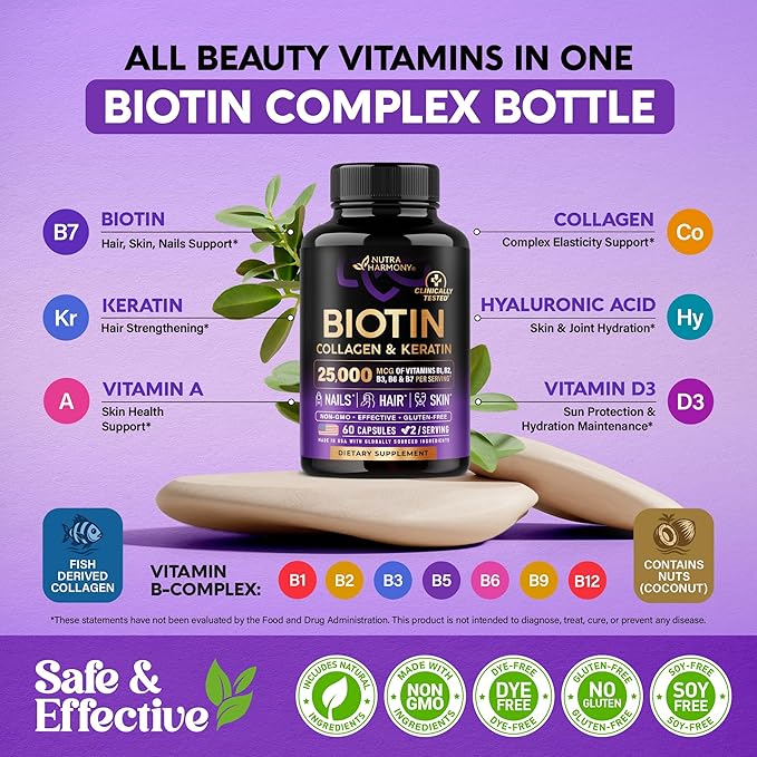 Biotin | Collagen | Hyaluronic Acid | Keratin - Clinically Tested Supplement** - Hair Growth Support Skin &amp Nails - 25000mcg Vitamins B1 B2 B3 B6 &amp B7 - for Women &amp Men - Made in USA |
