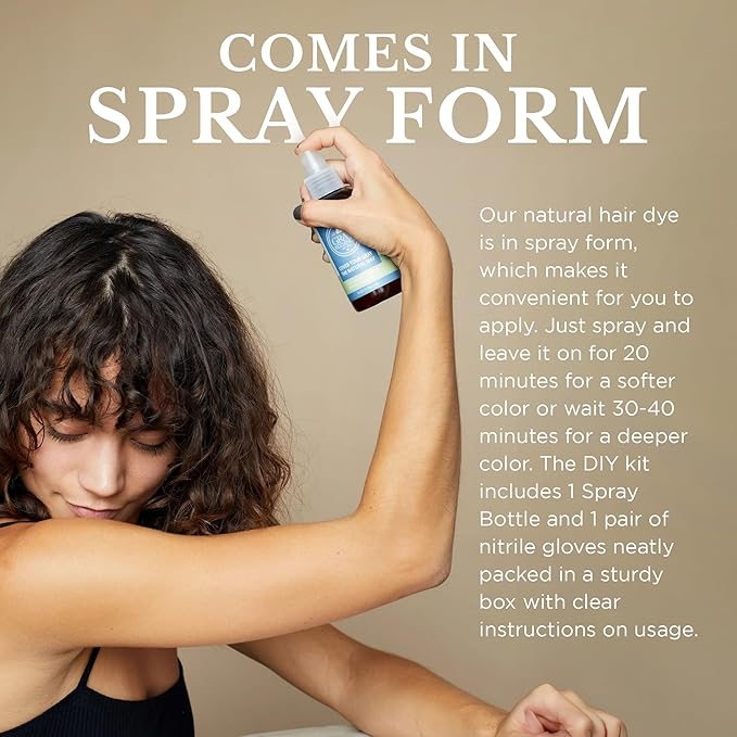 Natural Hair Dye Color Spray - Vegan Cruelty-Free Ammonia-Free Non-Toxic Permanent Brown Hair Color - 100% Gray Coverage with Organic Ingredients Safe for Pregnancy - 4 fl oz